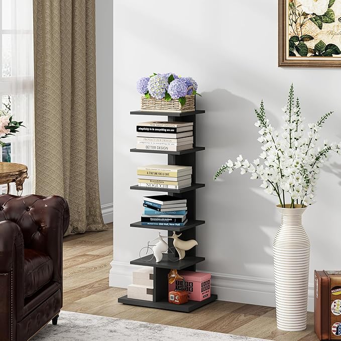 TUTOTAK Narrow Bookshelf, 6-Tier Bookcase, Spine Book Shelf