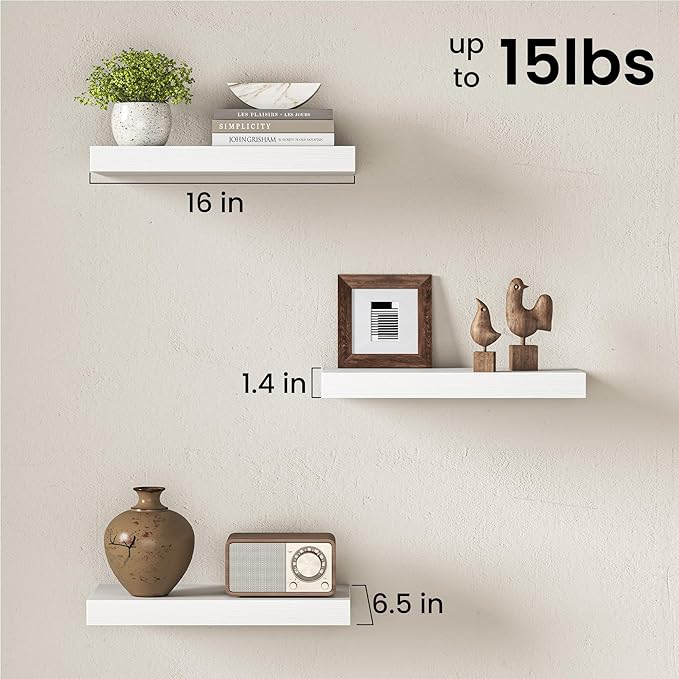 Fun Memories 16 Inch Floating Shelves Wall-Mounted, Engineered Wood Wall Shelves