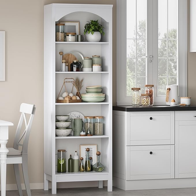 Arched Bookshelf with 5 Tier Open Shelves, Study and Living Room, Modern White