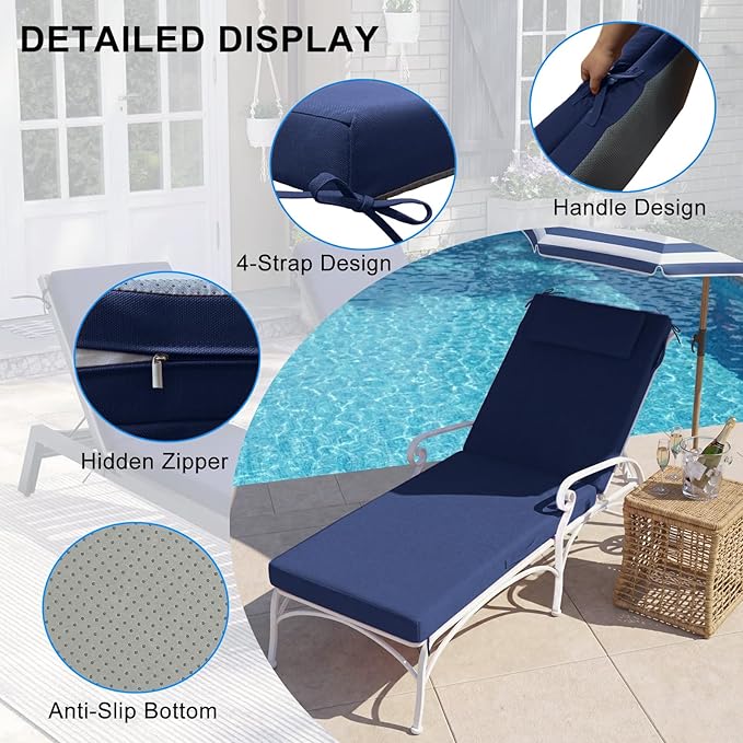 Outdoor Chaise Lounge Cushions, 71x21 Inch Olefin Water & Fade Resistant Pool