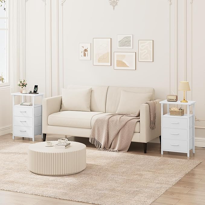 Vagusicc Nightstand with Charging Station, End Table Side Table with 3 Fabric