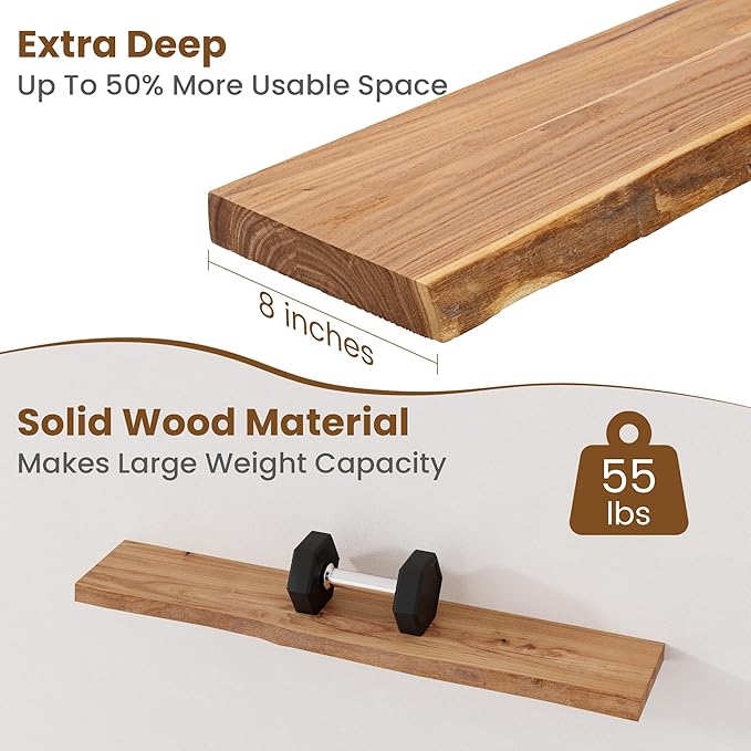 Floating Shelves for Wall Decor, Rustic Solid Elm Wood Live Edge Floating