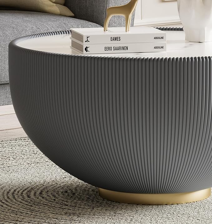 Round Marble Coffee Table 27.56" Bucket Shaped Fluted Coffee Table