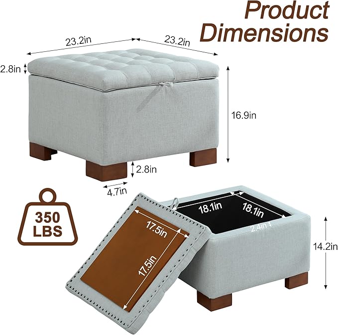WUTUTUEE 24" Fabric Square Storage Ottoman