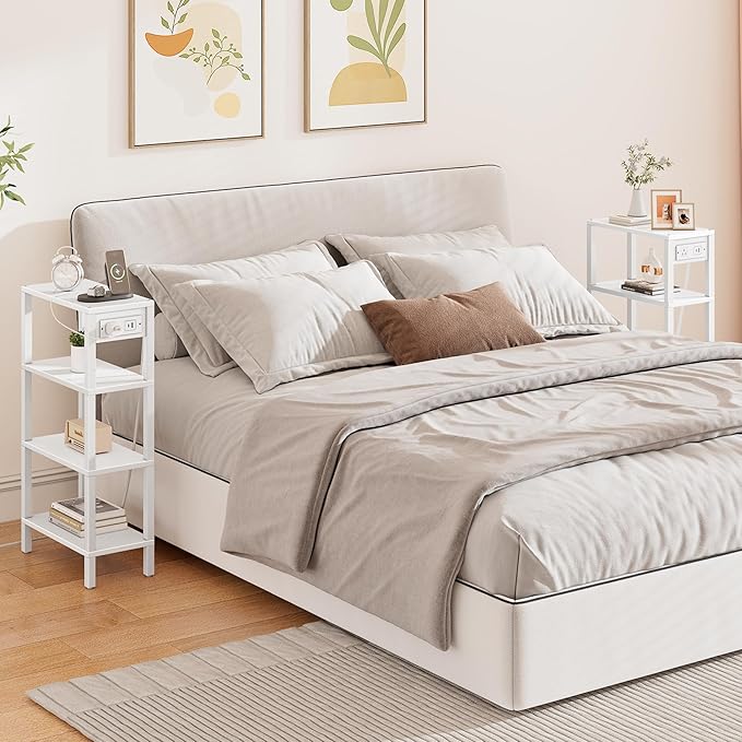 TUTOTAK Narrow Side Table with Charging Station, Small End Table with USB Ports