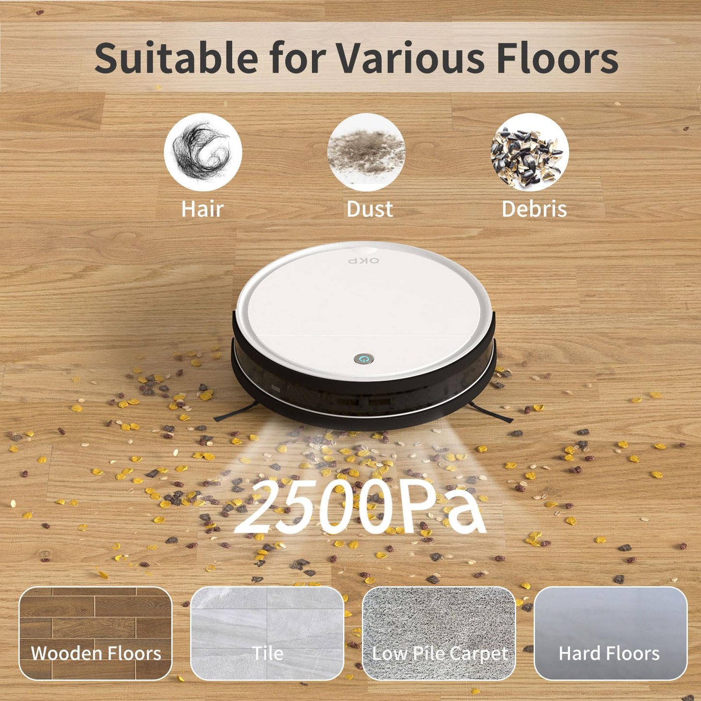 OKP Robot Vacuum Cleaner 2500Pa, 120 Min Runtime, Robotic Vacuum Cleaner with Schedule, WiFi/App/Alexa, Self-Charging, Slim Design, Quiet, Perfect for Hard Floors, Pet Hair, Carpets, K5