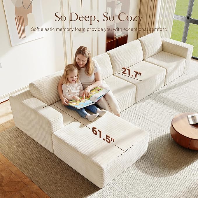 Vesgantti 159" Large Modular Sectional Sofa, L-Shaped Corduroy Cloud Couch