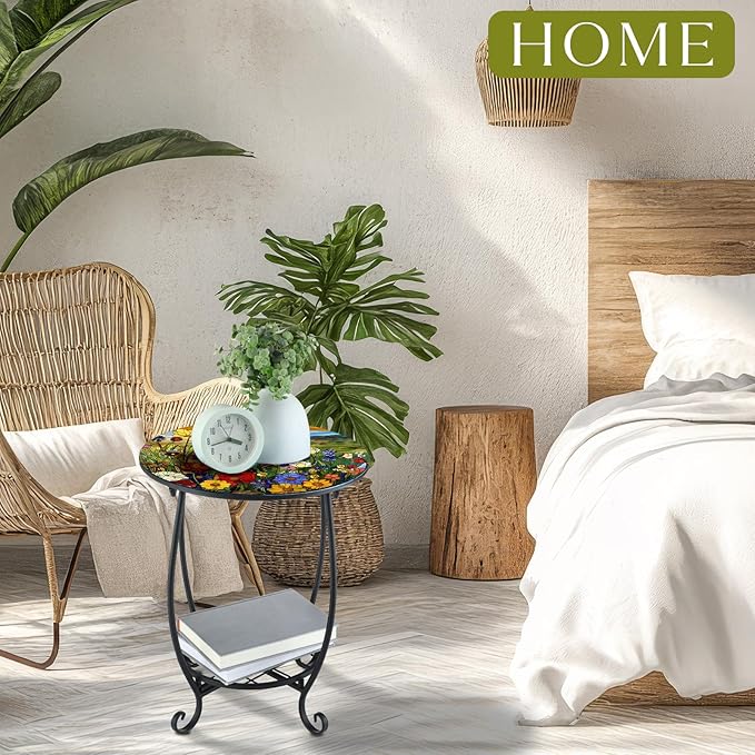 Cinnvoice Outdoor Side Table Round Small Mosaic Patio Accent Indoor End Plant