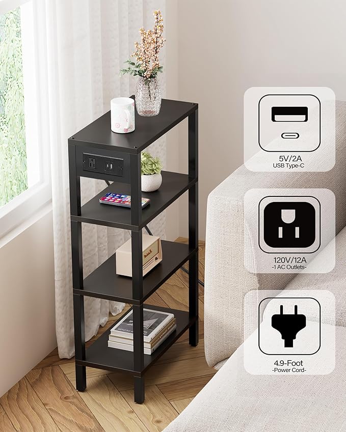 TUTOTAK Narrow Side Table with Charging Station, Small End Table with USB Ports
