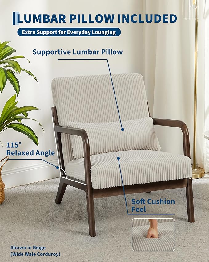 Garvee Mid-Century Modern Accent Chair, Fine Wale Corduroy Upholstery, Solid