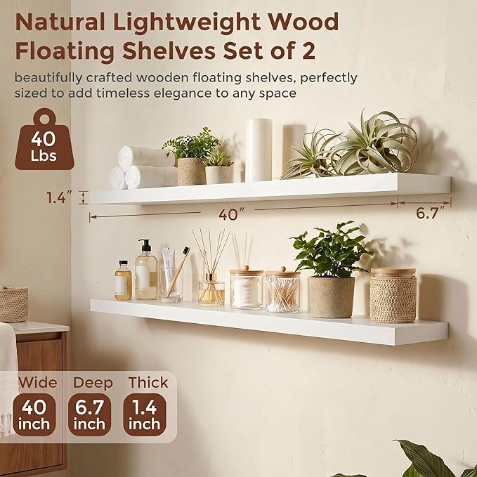 fuqing 40 Inch Floating Shelves | 6.7 Inch Deep White Shelves