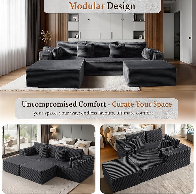 108" Oversized Cloud Sectional Couch, Comfort U Shaped Boneless Couch