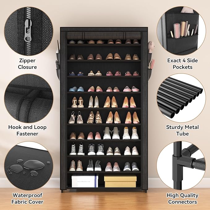ROJASOP 10 Tier Shoe Rack with Covers, Large Capacity Stackable Tall Shoe Shelf