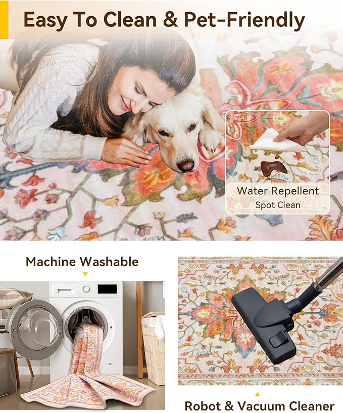 RELEANY Area Rugs 4'x6' Washable Non-Slip, Floral Vintage Distress Print