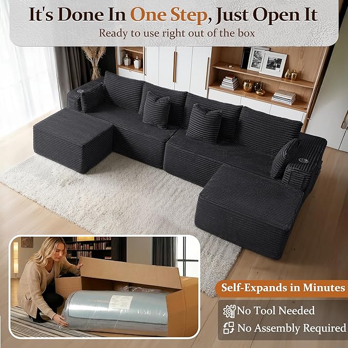 138" Cloud Sectional Couch, Comfort U Shaped Sofa