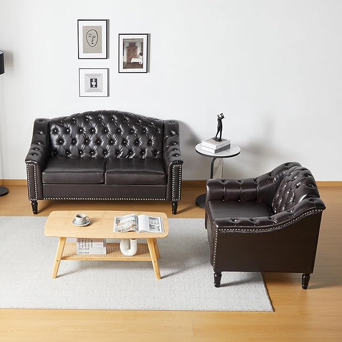 LEVNARY Chesterfield Loveseat Leather, Upholstered Sofa