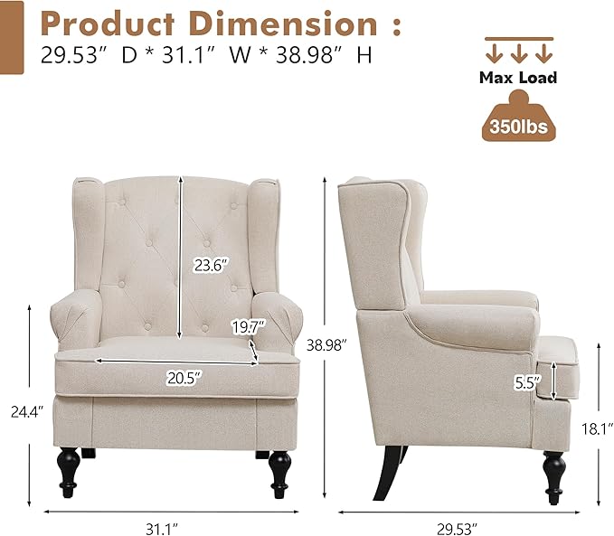 Accent Chair for Living Room, Mid Century Modern Upholstered Armchair, Wingback