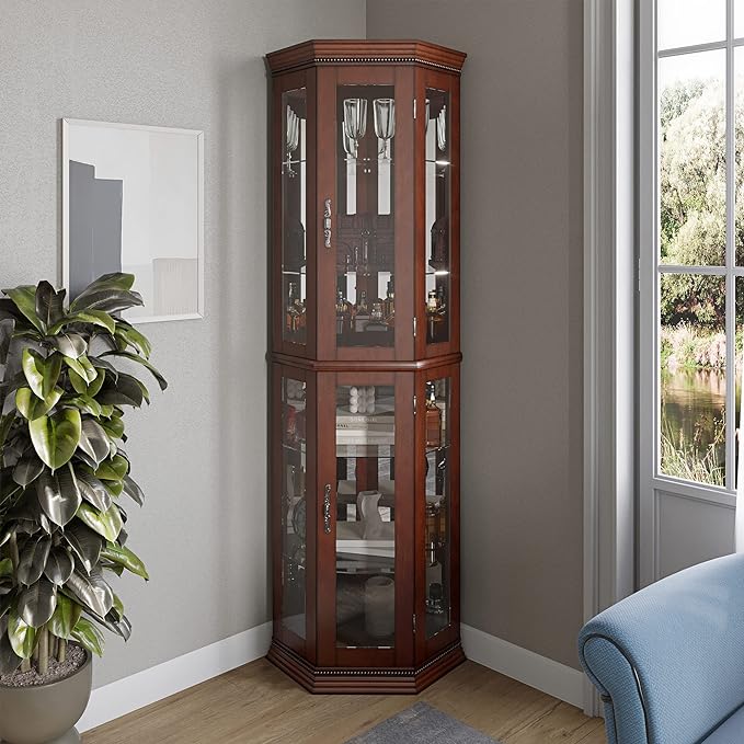 BELLEZE Lighted Wooden Corner Display Curio Cabinet, Two Section Shelving Unit