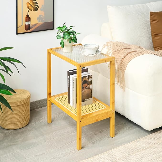 2-Tier Bamboo Side Table, Modern Glasstop Rattan Side Table, Mid Century Wood
