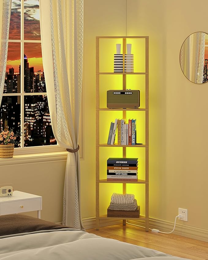 TUTOTAK Corner Shelf with LED Light, 6-Tier Corner Bookshelf