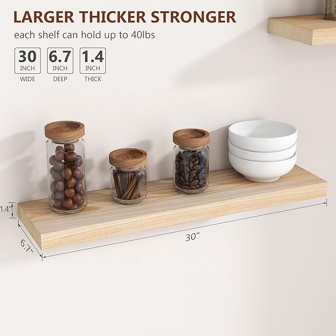 fuqing 30 Inch Floating Shelves | Natural Wood Wall Shelves Set of 2 | 30" W x