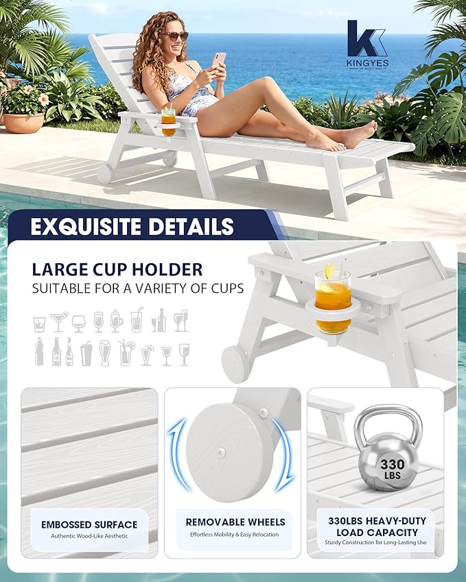 KINGYES HDPE Lounge Chair Outdoor Set of 4, Patio Chaise Lounge Recliner