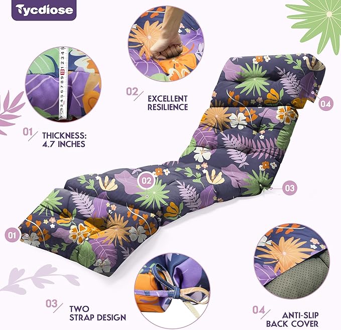 Outdoor Chaise Lounge Chair Cushion Set of 4, Waterproof 74.4 x 22 x 4.7 Inches