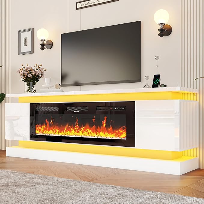 chartustriable 81IN LED TV Stands w/50 inch Fireplace Power Outlet