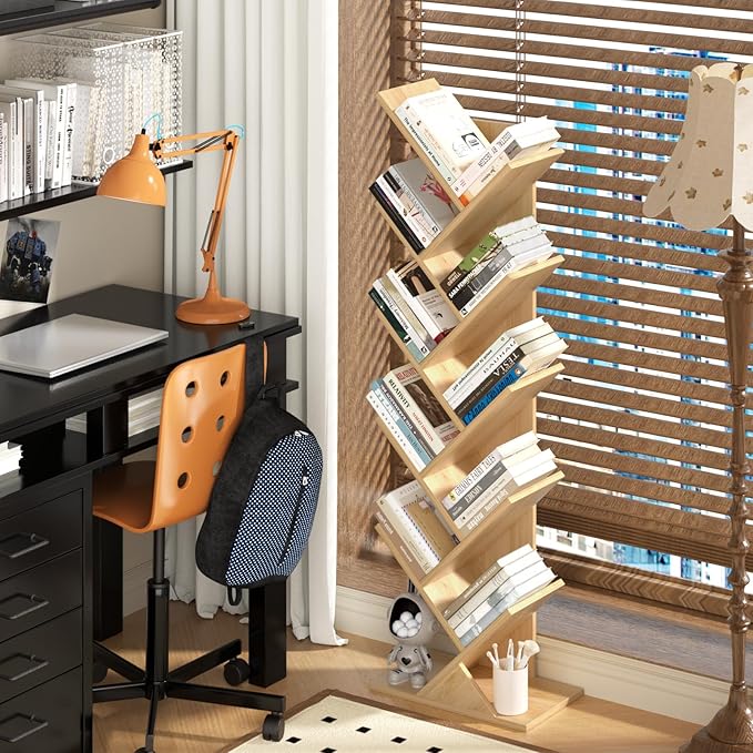 SHEEPAM 10 Tier Tree Book Shelf, Floor Standing Wood Bookshelf
