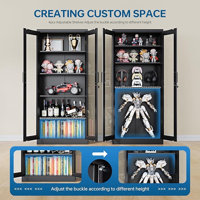 PEUKC Display Cabinet with Glass Doors, 71 Inches Metal Display Case with 4
