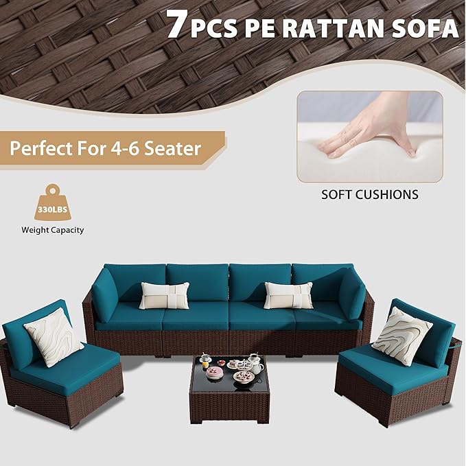 KIGOTY Patio Furniture Set, 7 Pieces Modular Outdoor Sectional Sofa, PE Rattan