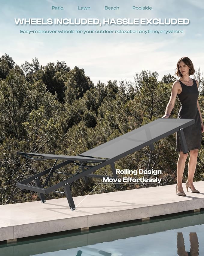 Lounge Chair Outdoor with Wheels, Aluminum Chaise Lounge Outdoor Chair with 5