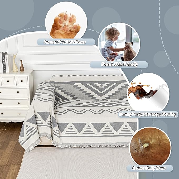 MYSKY HOME Boho Couch Cover for Dogs Washable Grey Rhombic Couch Sofa Protector