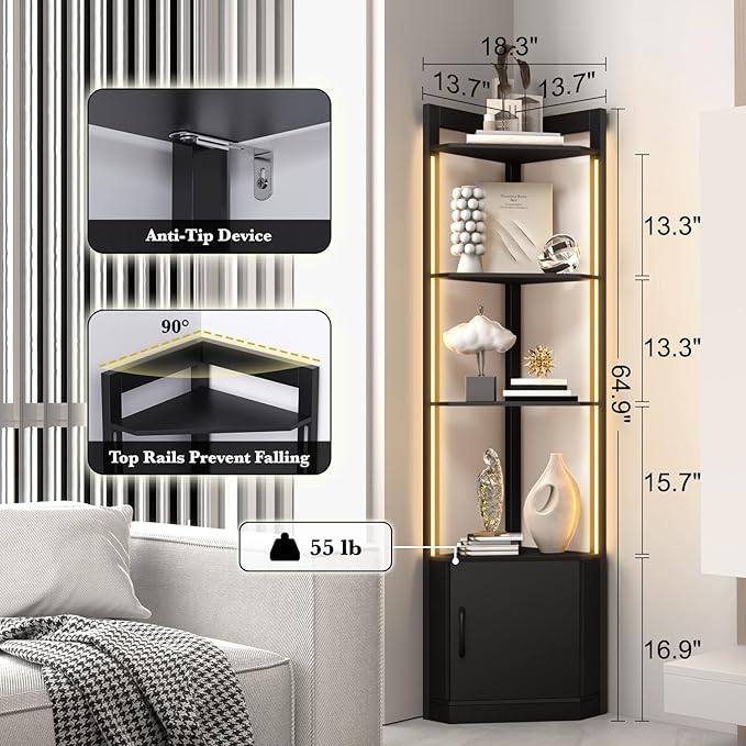 5-Tier Corner Shelf with RGB LED Light, Remote & APP Control, Adjustable