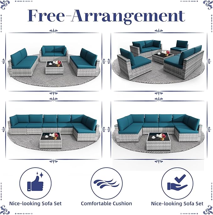 KIGOTY Patio Furniture Set, 7 Pieces Modular Outdoor Sectional Sofa, PE Rattan