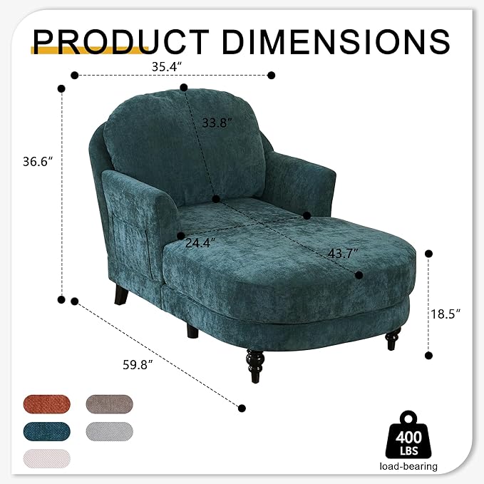 Chaise Lounge Chair Indoor, 59.8" Oversized Couch Reading Chairs, Chenille