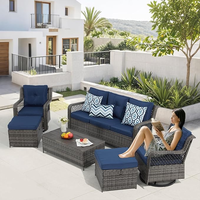 6 Pieces Wicker Patio Furniture Set Conversations Sets, 2 Outdoor 360° Swivel