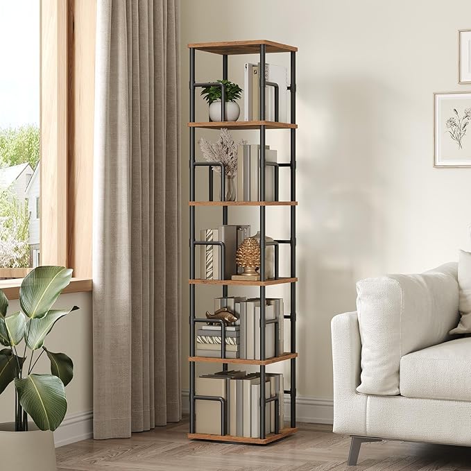 MAHANCRIS 5-Tier Rotating Bookshelf, Freestanding Corner Bookshelf, 360°