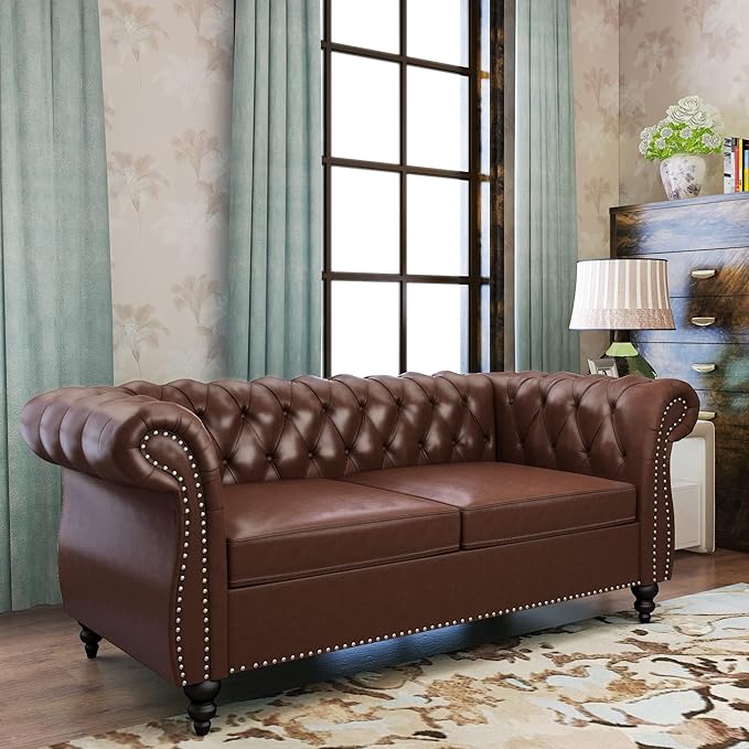 ORRD 2 Piece Living Room Set, Chesterfield Leather Sofa Loveseat Couch