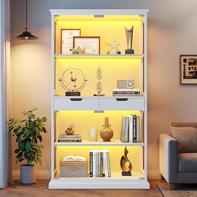 Jocoevol Display Cabinet with 4 Glass Doors, 4-Tier Modern Glass Display Case