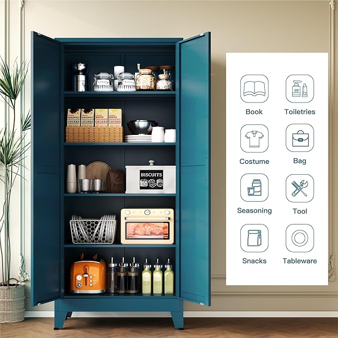 YAUWOH 71''Metal Cabinet with 4 Adjustable Shelves, 5-Tier Pantry Storage