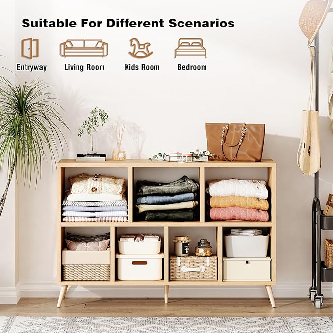 7-Cube Storage Organizer with Natural Wood Legs, Mid-Century Modern Bookcase