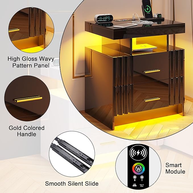 Nightstand with Wireless Charging Station, Bedroom Bedside Table with RGB Lights