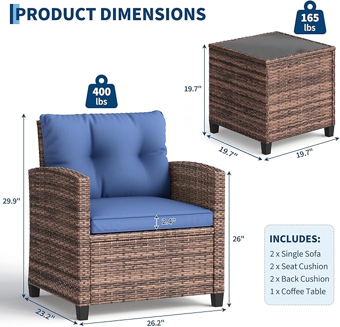GarveeHome 3-Piece Outdoor Wicker Sofa Set, PE Rattan Patio Furniture