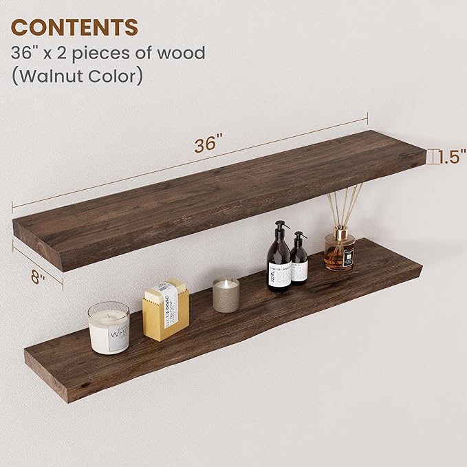 Floating Shelves for Wall Decor, Rustic Solid Elm Wood Live Edge Floating