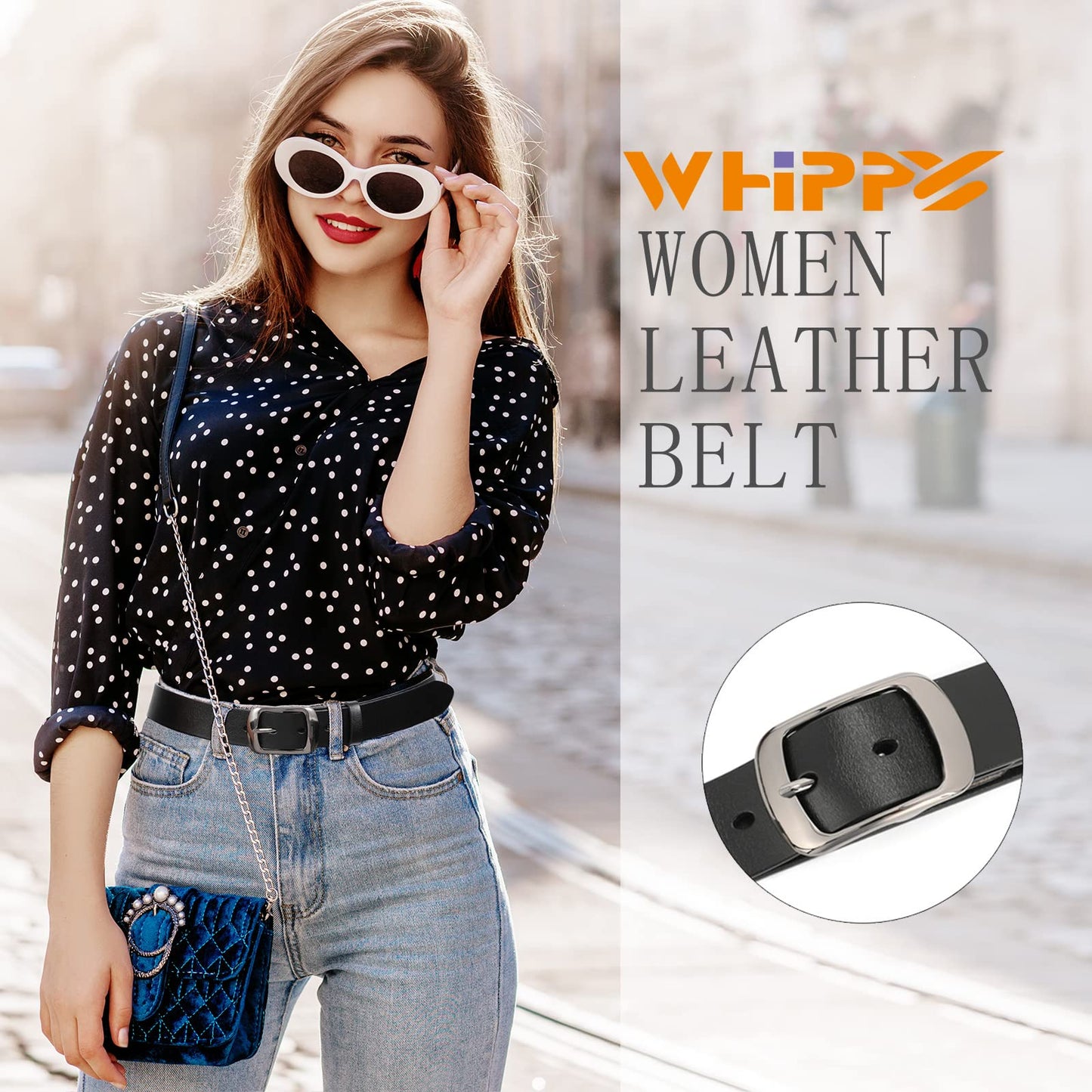 WHIPPY Women Leather Belts for Jeans Pants Fashion Dress Belt for Women with Solid Pin Buckle, Black, L