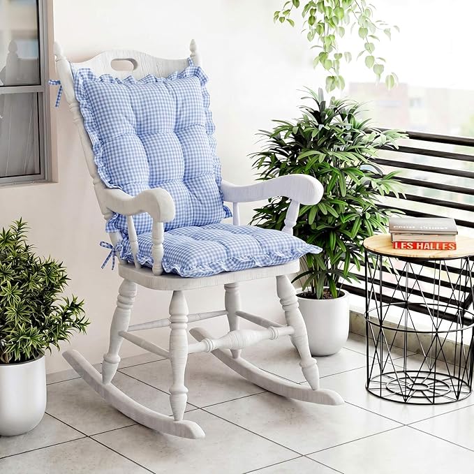 Lewtemi 2 Set Blue Gingham Rocking Chair Cushion Village Ruffled Rocking Chair