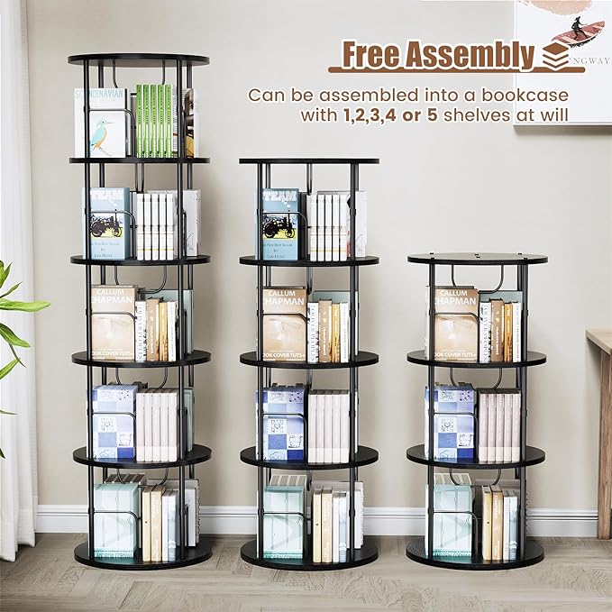 ALLSTAND Rotating Bookshelf, 4 Tier Spinning Bookshelf Tower, 360° Display