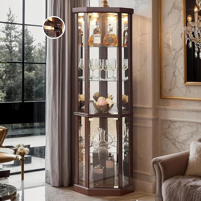 Corner Curio Cabinet, Light Bulb Inclued, Wine Bar China Cabinet