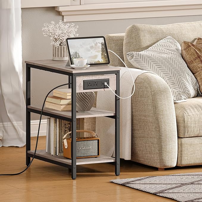 HOOBRO End Table with Charging Station, Simple Rustic Side Table with 3-Tier